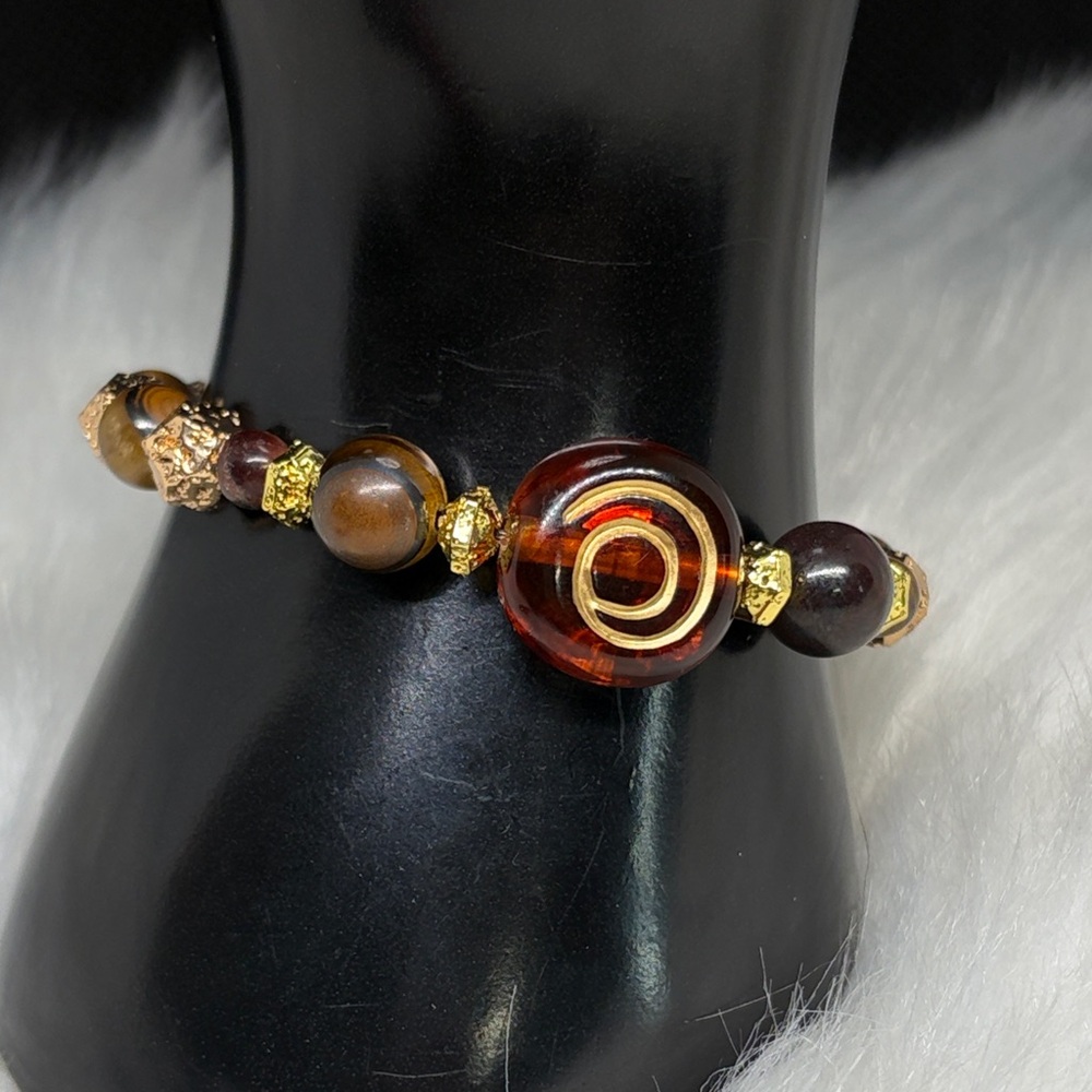 Tiger’s Eye and 18k Gold Plated Lava Rock Bracelet with Gold Painted Bead